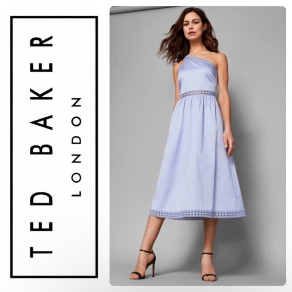 Ted Baker London Midi Dress One Shoulder Embroidered Baby Blue Size 4 US 10 NWT
